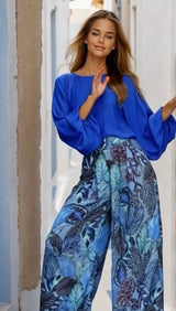 Caribe 2-in-1 set: satin honeycomb cuff shirt and elasticated back trousers, 3 prints, sizes (36-50)