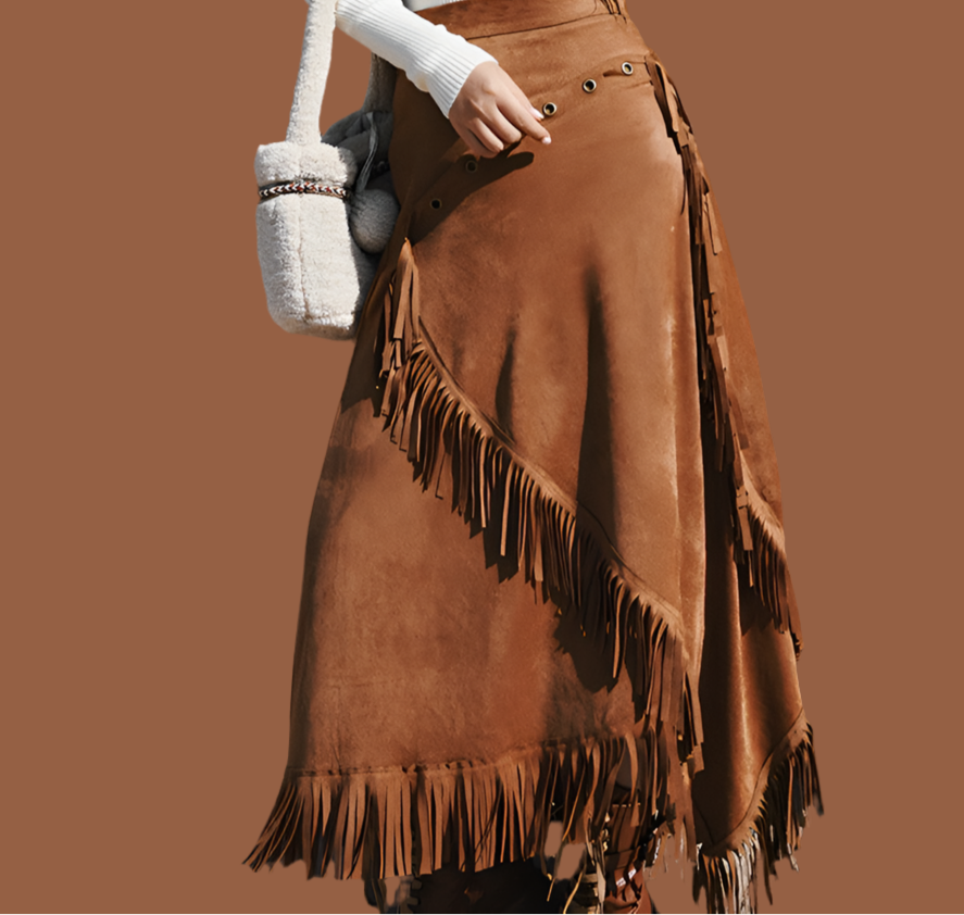 Indian faux suede fringed skirt, 3 sizes