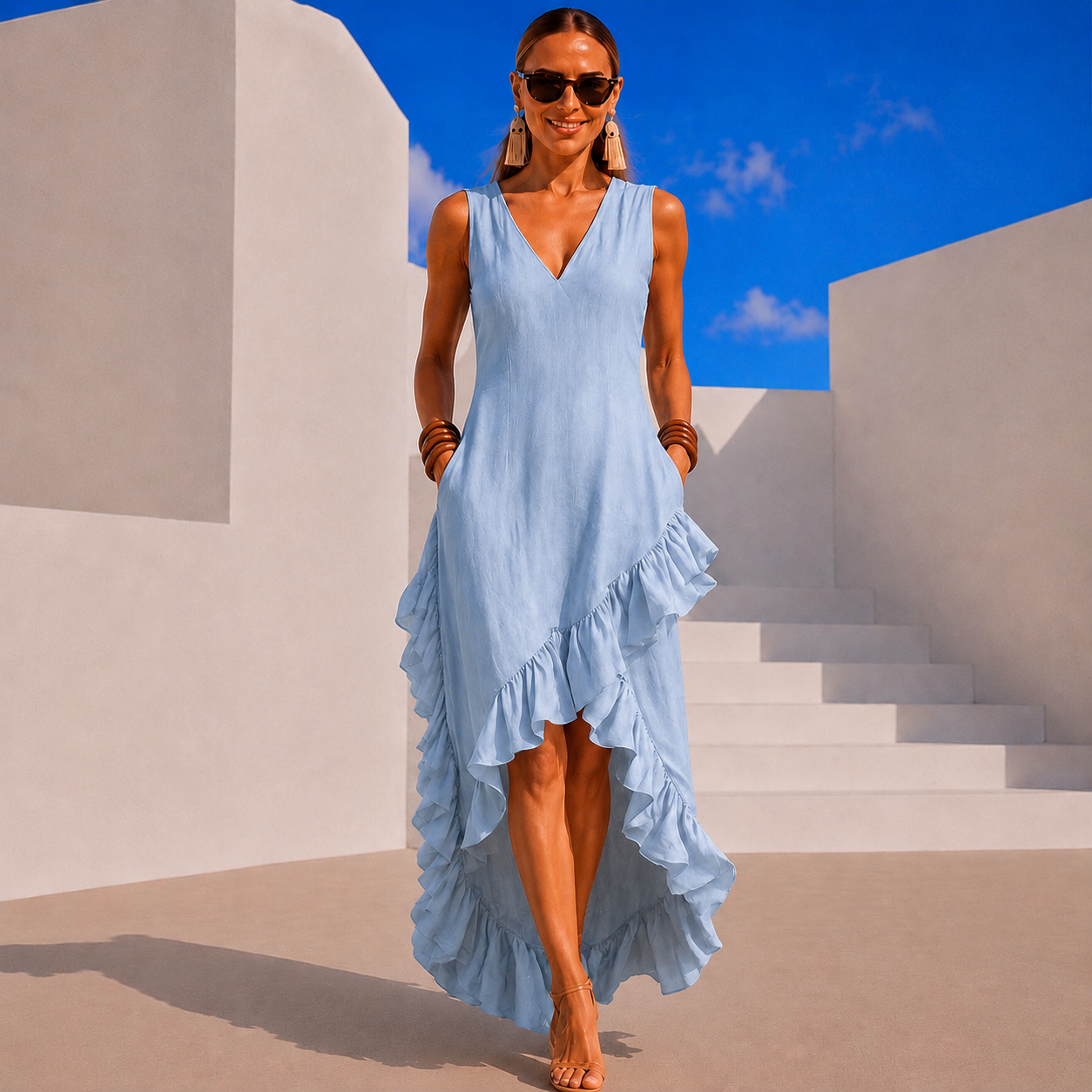 Vestido Costa cuello pico lino de algodón, 5 colores, tallas (34-50) video