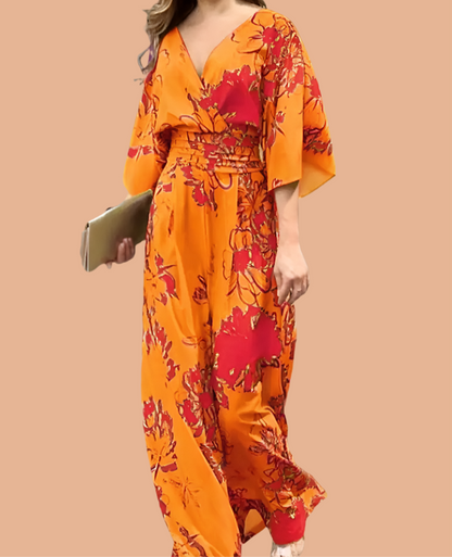 London V-neck printed chiffon jumpsuit, 2 colors, 8 LARGE SIZES from 36 to 50