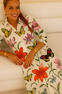 Mintlis women's cotton shirt dress Jana flowers and Jana butterflies, sizes (36-48)