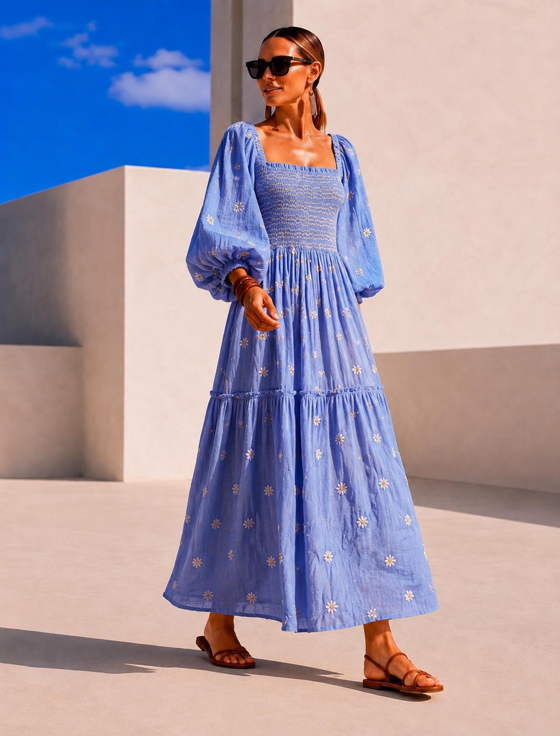 Vestido Susana bordado algodón licra strech nido de abeja, 4 colores, tallas (34-46)