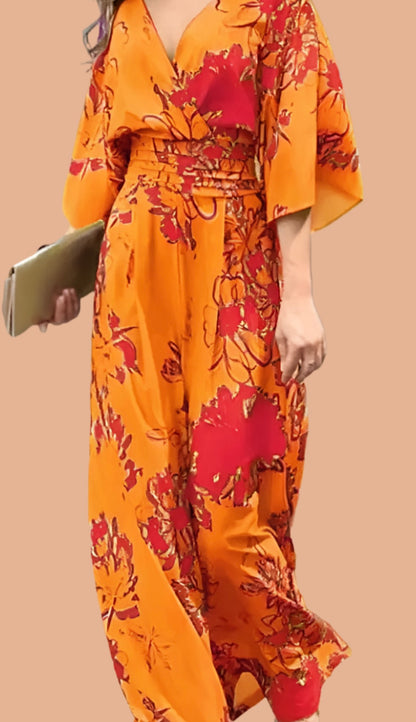 London V-neck printed chiffon jumpsuit, 2 colors, 8 LARGE SIZES from 36 to 50