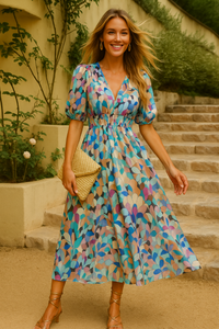 Vestido Monaco Multicolor flores gasa con forro y cintura elástica,3 estampados, tallas (36-46)