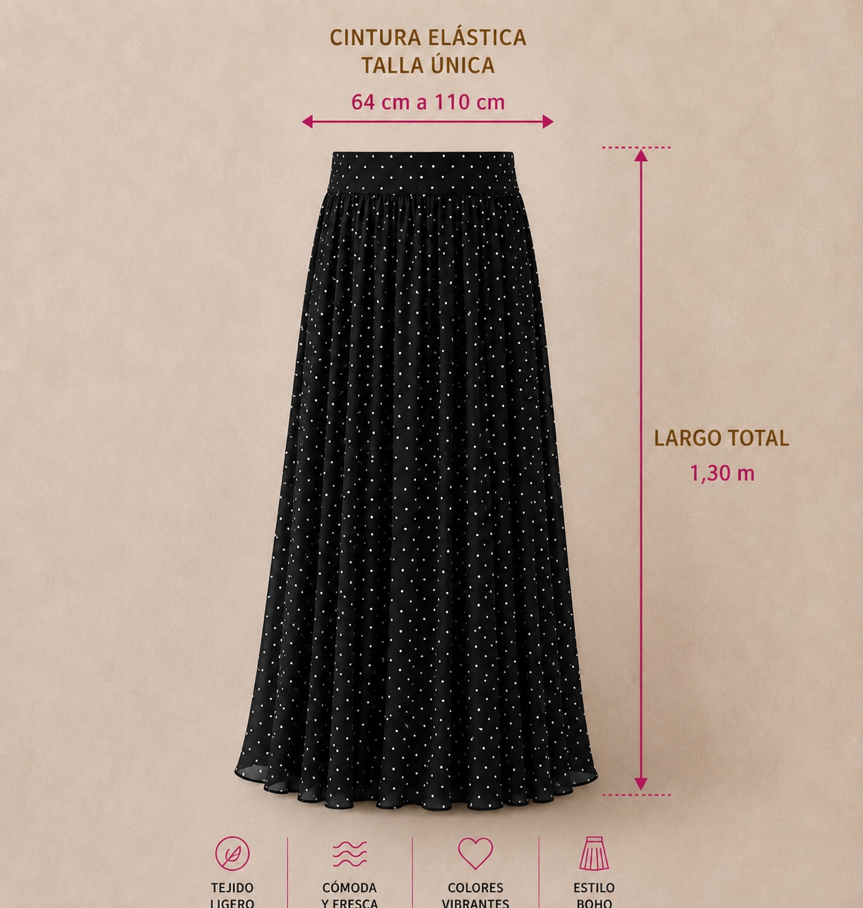 Polka dot chiffon fair skirt, elastic waist, one size (64cm to 110cm) video