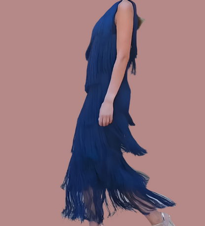 Klein blue Mykonos dress with asymmetric fringes, 6 sizes from 36 to 46