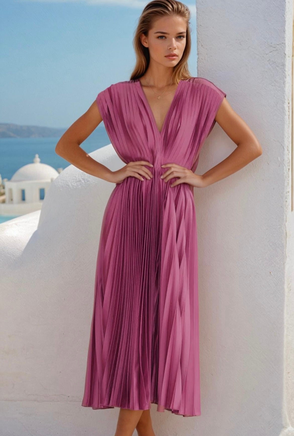 Laila satin pleated MIDI dress, 7 colours, 4 sizes (36-44)