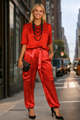 Conjunto Billion top y pantalón elástico satinado, 4 colores tallas (36-48)