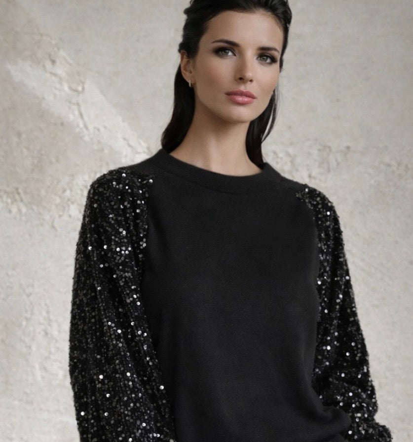 Women's Round Collar Loose Pullover Tops T-shirt Oversized Irregular Fashion Sequin Patchwork Long Sleeve Sweatshirt