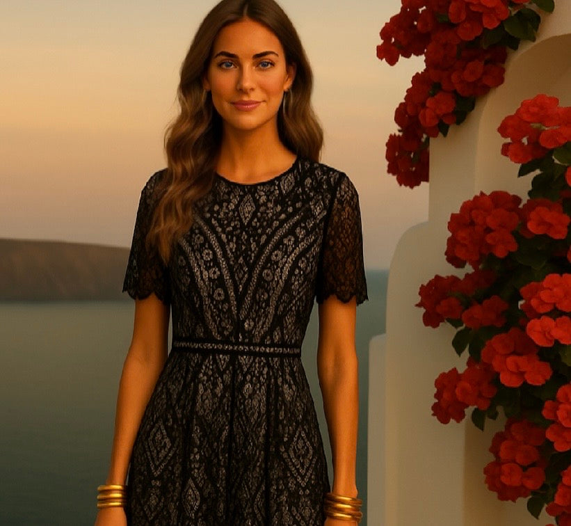 Gaby Midi dress in cotton lace and embroidery, 2 colors, sizes (36-46)