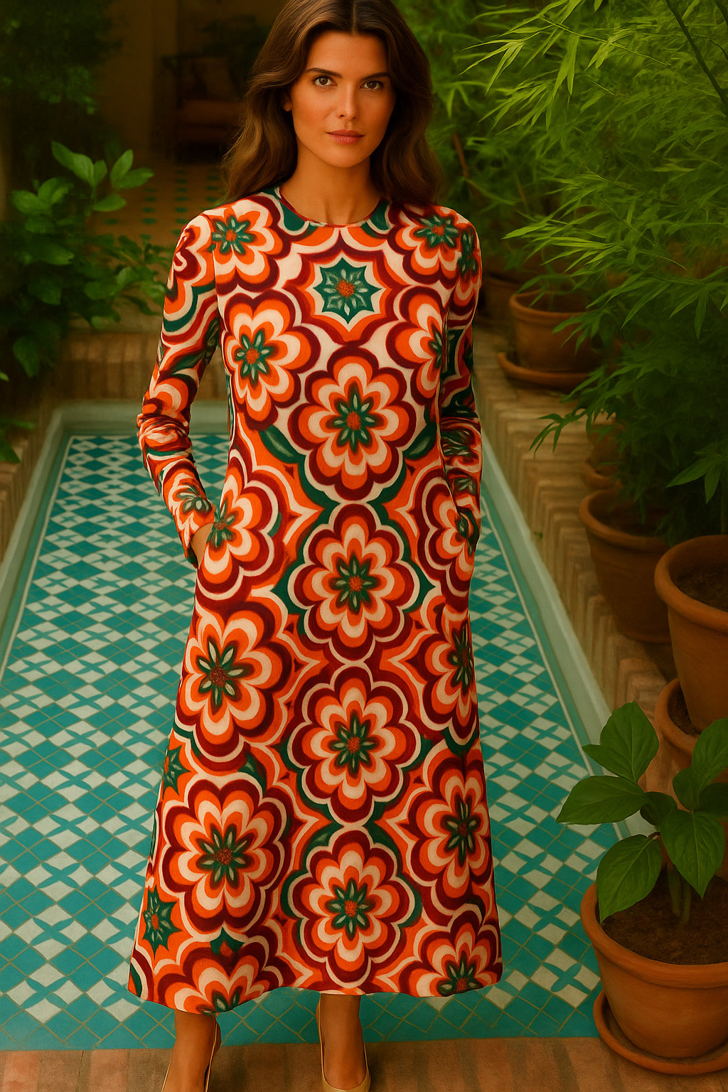 Vestido Genova MIDI algodón licra elastane sin arrugas estampado, tallas (36-50) made in Italy