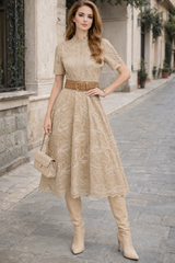 Vestido Gulia bordado y encaje con cinturón incluido, tallas (36-46)