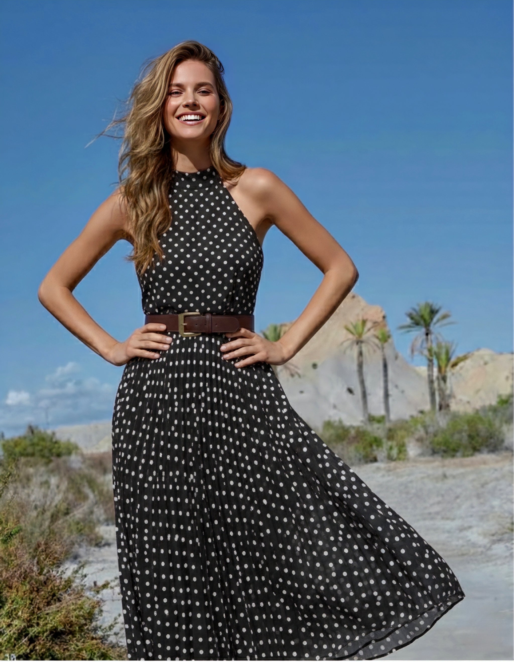 Vestido Natali de gasa plisada y cinturón incluido,  2 colores,tallas(36-46)