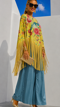 Aisha satin lycra elastane spandex fringe poncho blouse, 2 colors, size (34-50)video