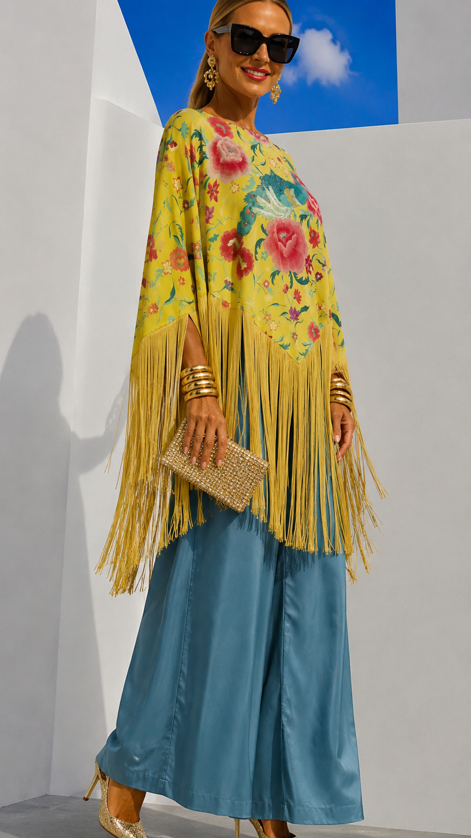 Aisha satin lycra elastane spandex fringe poncho blouse, 2 colors, size (34-50)video