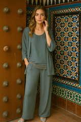 Set of shirt with sequins, jacket and trousers MADELAINE, cotton knit, viscose, lycra, elastane, 3 colours, sizes (36-50), elasticated back waist, trousers.