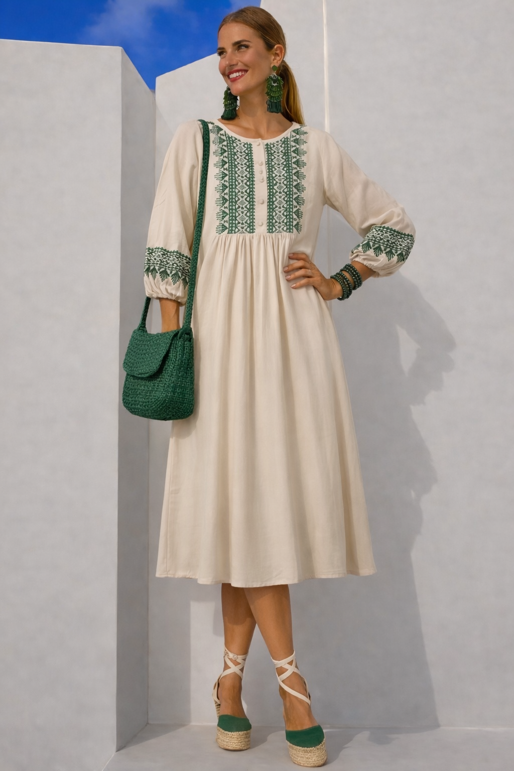 Vestido ⭐️ Janet bordado de lino de algodón licra con mangas elásticas, 2 colores, tallas (38-52) vídeo