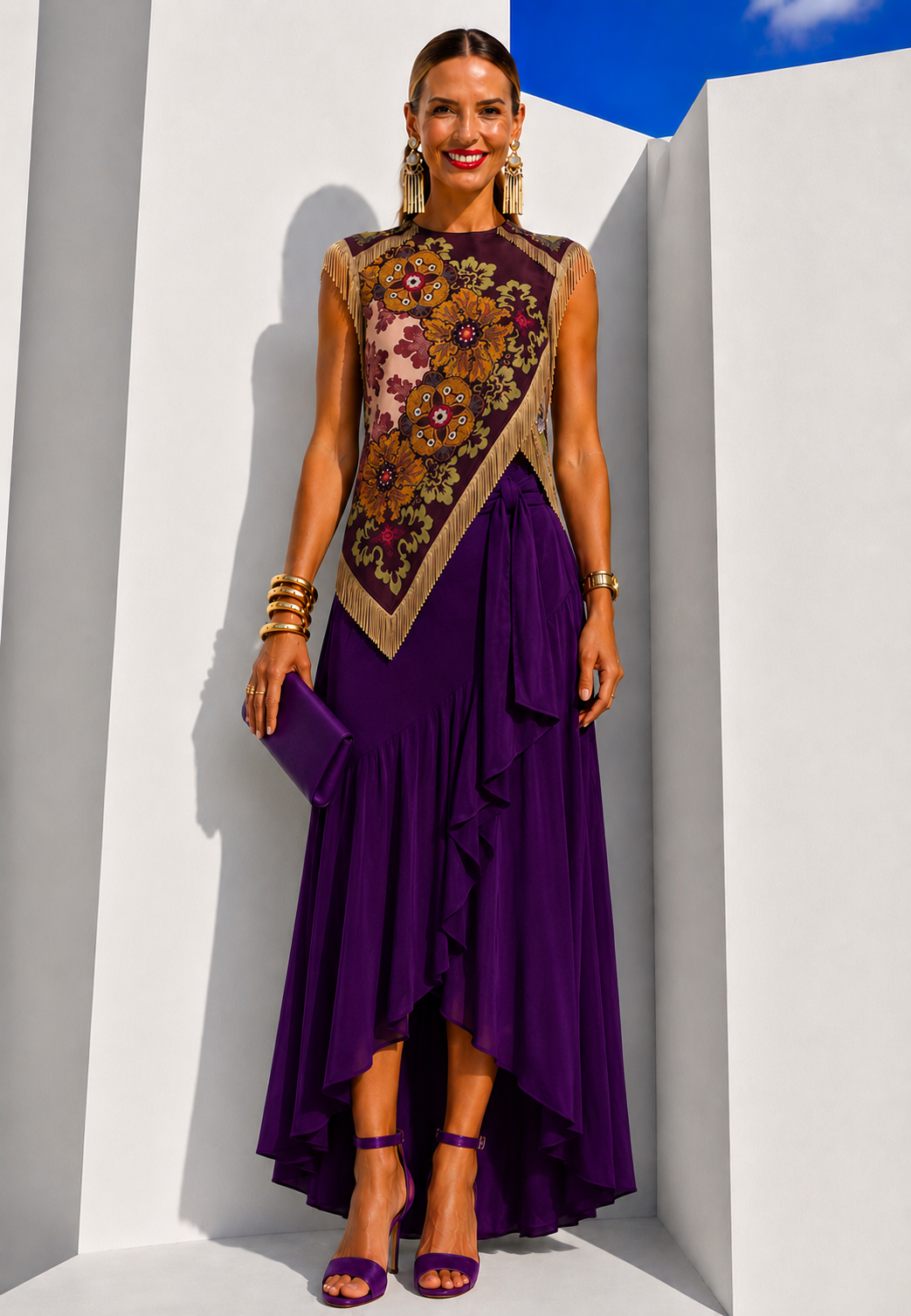 2-piece purple Fair Set with printed top and ruffled skirt, sizes (34-48) video