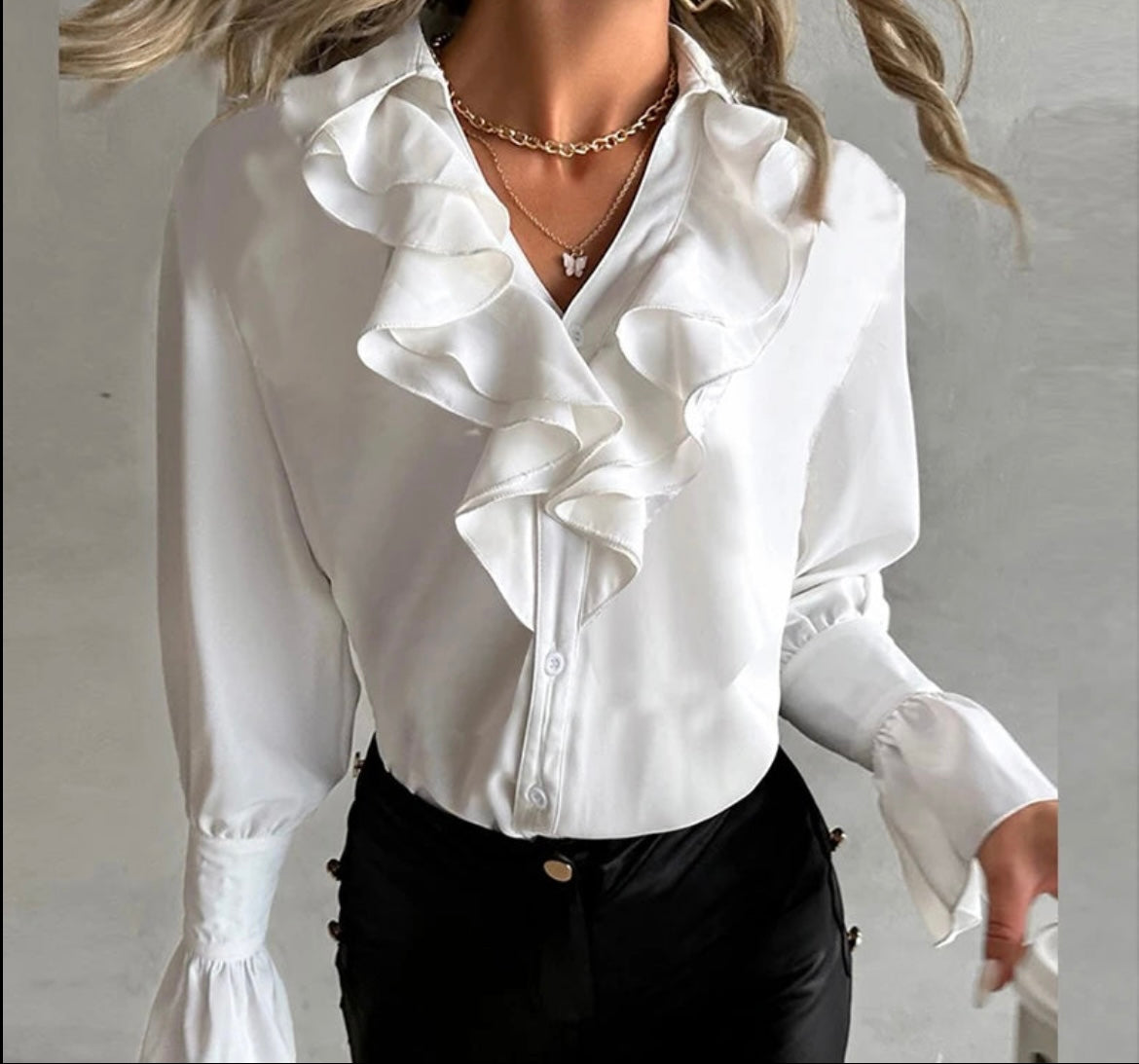 Elegant Ruffles Women's Blouse Fashion Petal Sleeve V Neck Long Sleeve White Shirt New Spring Autumn Office Ladies Shirts Tops