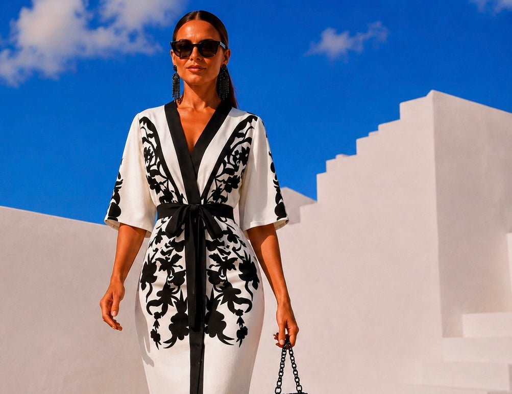 Carmina MIDI printed crepe dress with cummerbund and central buttons, sizes (36-48) video
