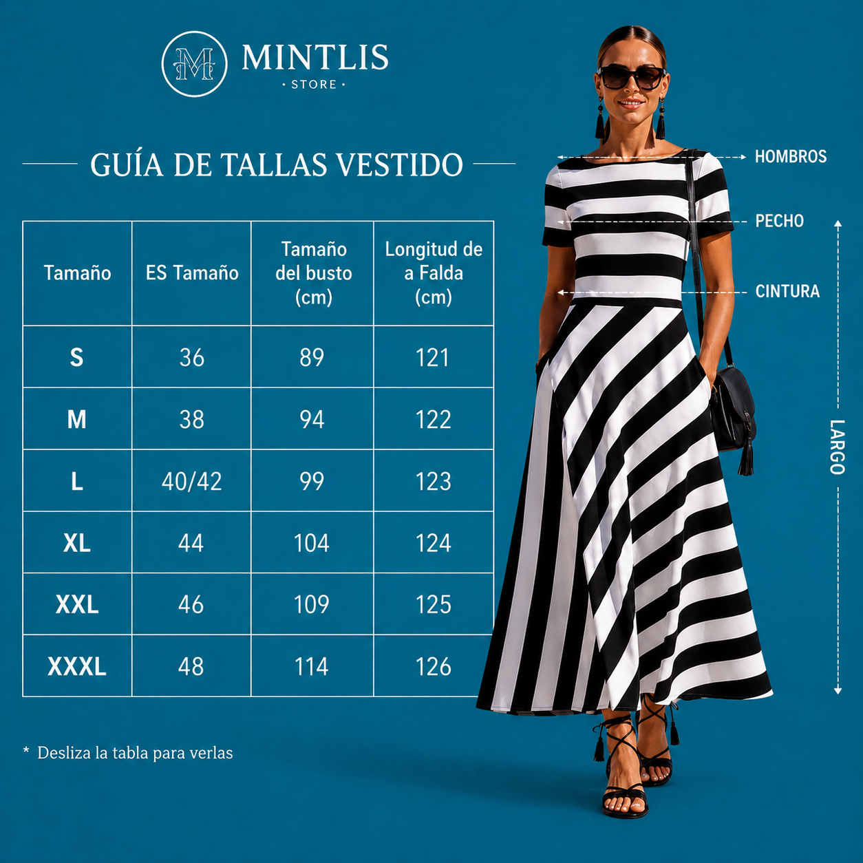 Vestido Venecia azul y negro, 2 colores, tallas (36-50) vídeo