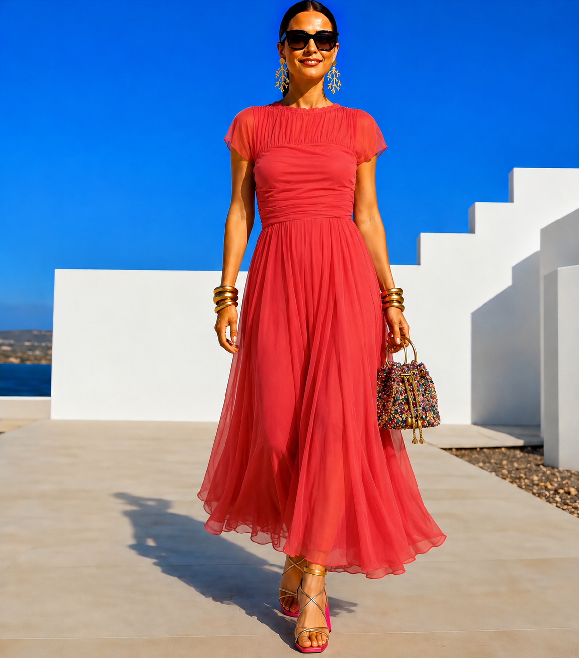 Quevedo stretch knit, chiffon, viscose, and tulle dress, elastane bust and waist, 2 colors, sizes (34-48) video
