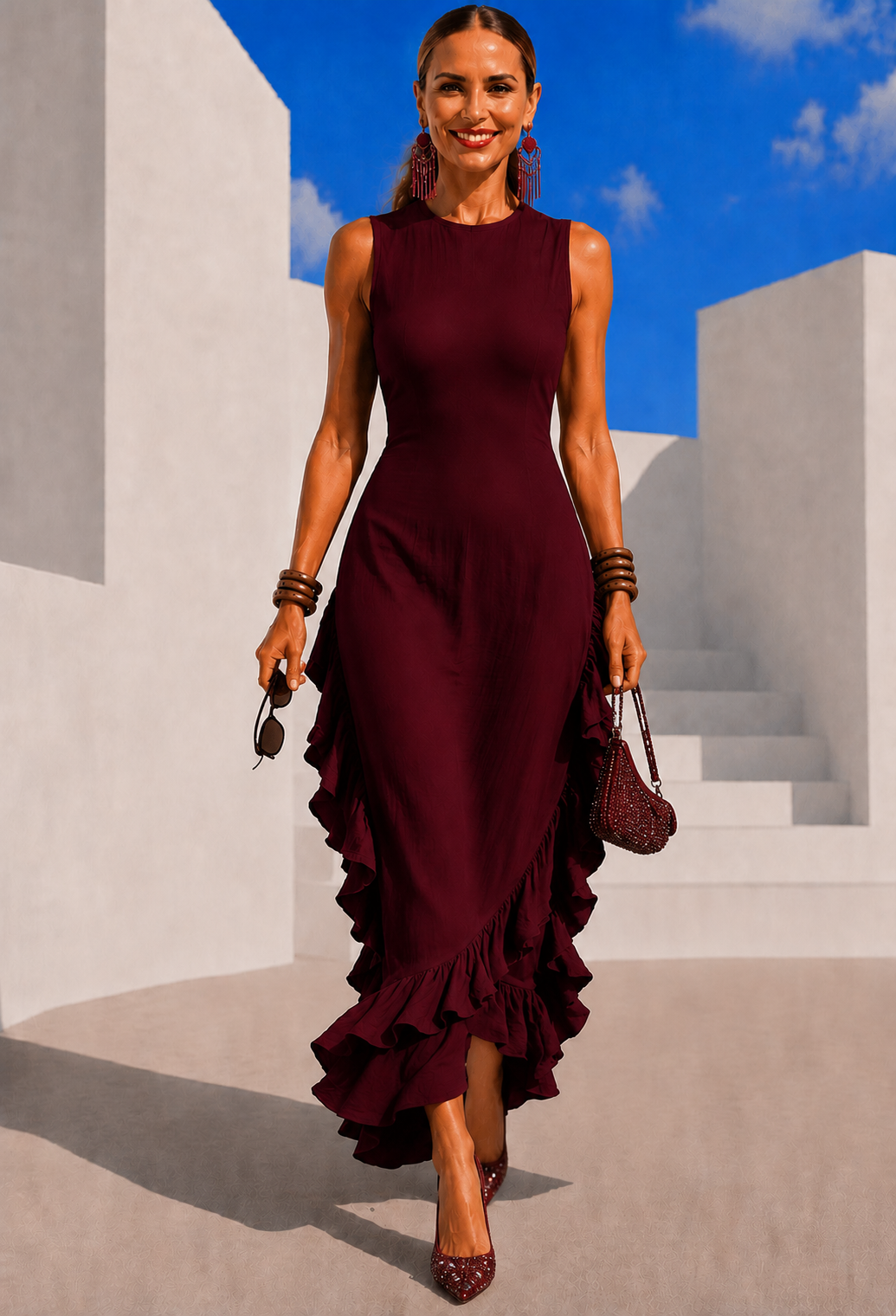 Hello linen-viscose dress with flounce and drape, 3 plain colours, sizes (34-48) video