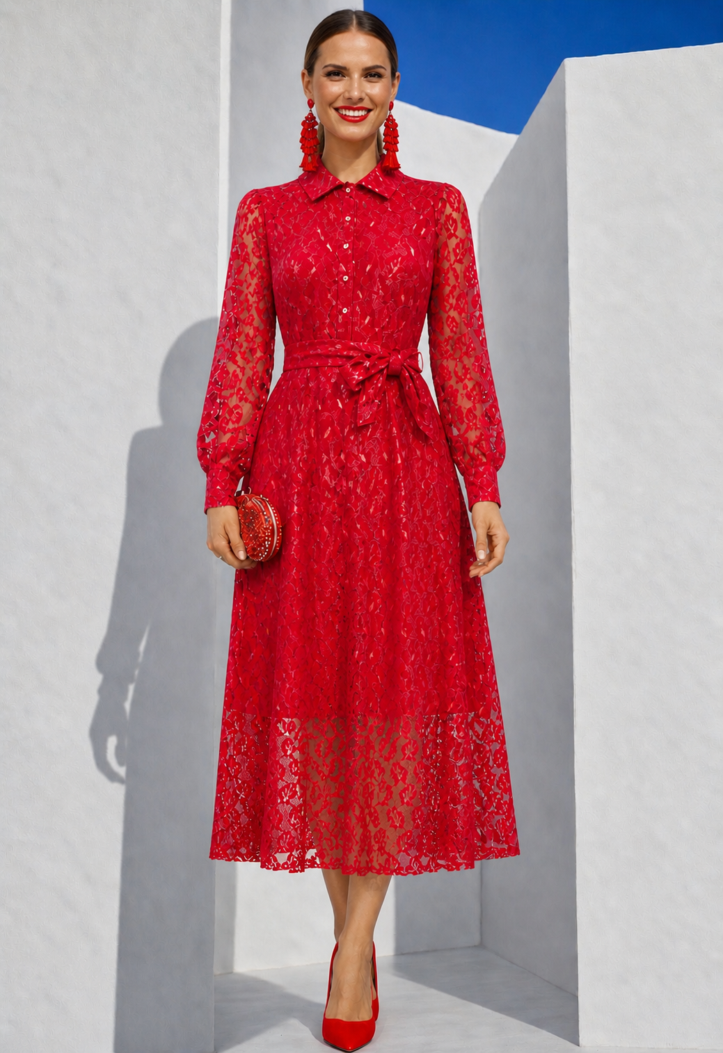 Vestido Dominica rojo camisero Midi , talla (36-50)(vídeo)