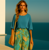 -39% OFF ULTIMAS UNIDADES ✅conjunto 2 piezas camisa gasa satinado y pantalón elástico Tropicana,    tallas (36-50)4 colores, made in Italy