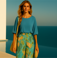 -39% OFF ULTIMAS UNIDADES ✅conjunto 2 piezas camisa gasa satinado y pantalón elástico Tropicana,    tallas (36-50)4 colores, made in Italy