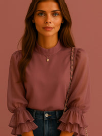 Chemise en dentelle plissée pour femmes, couture de couleur unie, nouveau chemisier, haut à volants, manches bouffantes, col rond, automne hiver 2023