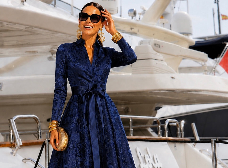 Billion Jacquard Luxury Wrap Midi Dress with Sash, 3 colors, sizes (36-48) video