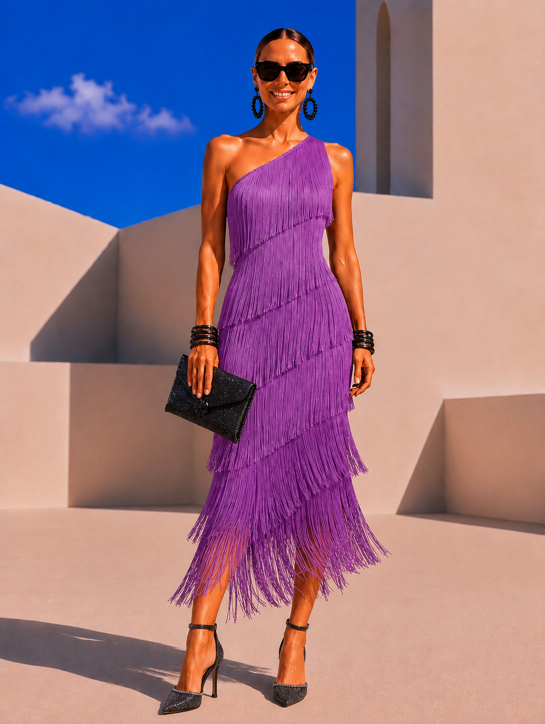 Vestido MYKONOS asimetríco flecos, 3 colores, tallas (36-46) vídeo