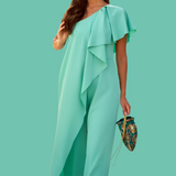 Domani asymmetric jumpsuit with ruffled neckline in cotton, polyester, lycra, 4 colours, 5 sizes from 36-44