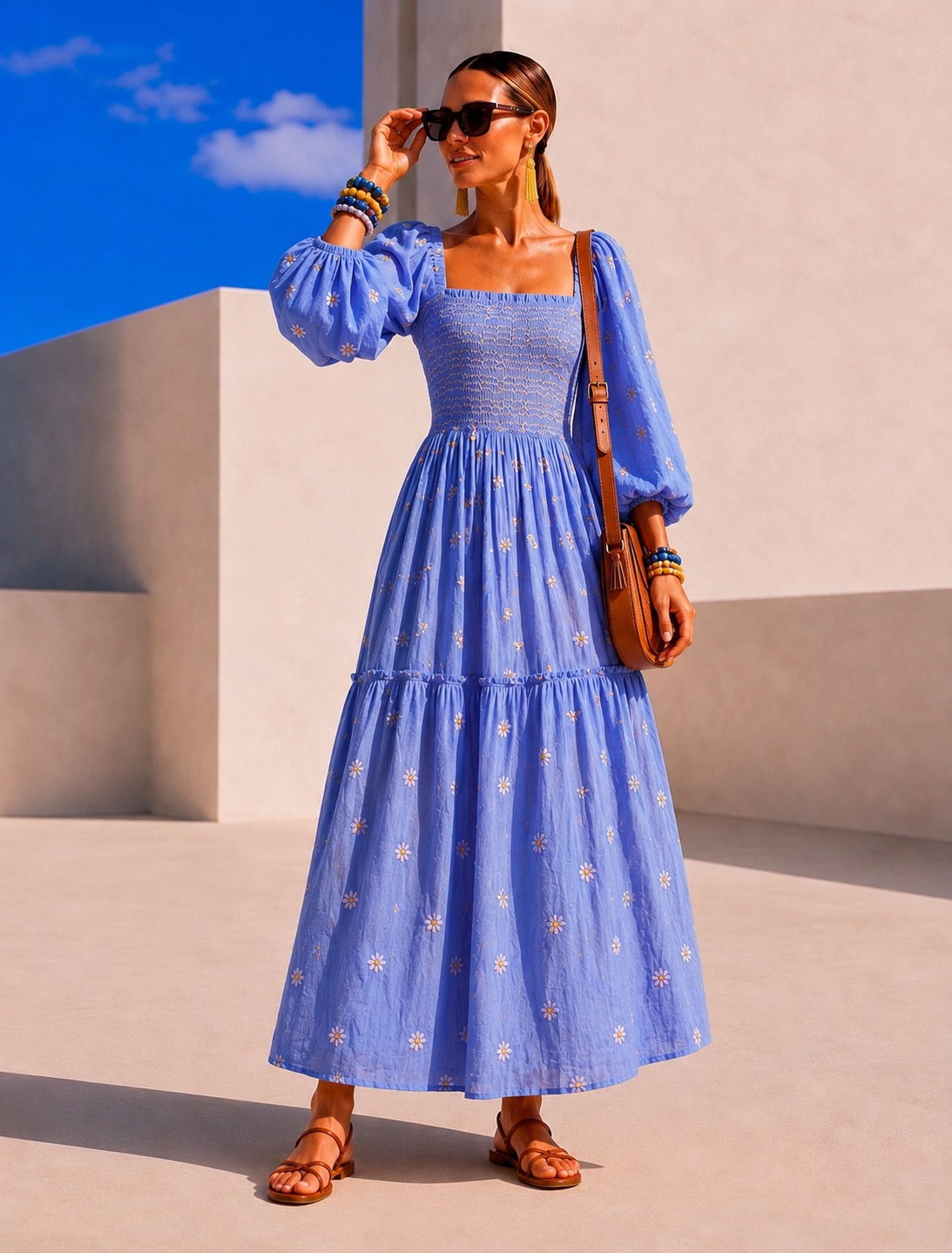 Vestido Susana bordado algodón licra strech nido de abeja, 4 colores, tallas (34-46)