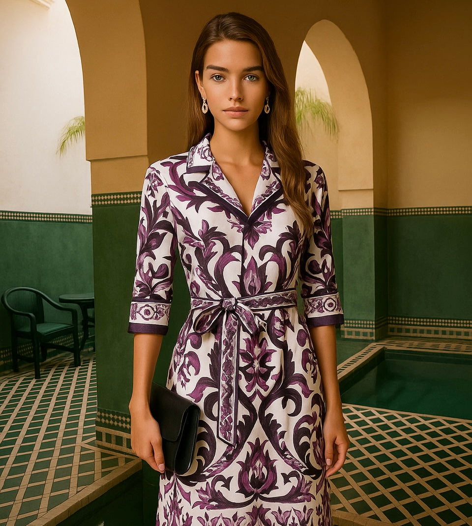 Vestido Penélope morado camisero fajín incluido algodón, tallas (36-48) mades in Oporto