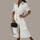 Stephanie embroidered knit shirt dress with sash and inner lining, 4 sizes