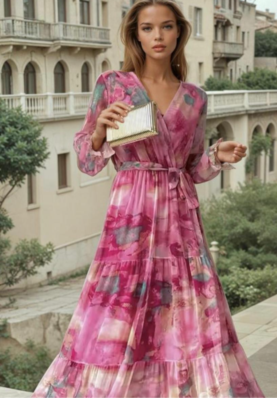 Vestido Milano rosa de gasa cruzado, 6 tallas (36-46)