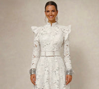 Grace dress embroidered with lace and lined, belt included, sizes (36-48) (video)