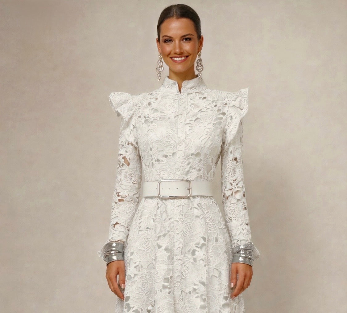 Grace dress embroidered with lace and lined, belt included, sizes (36-48) (video)