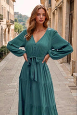 Long low-cut Karen jumpsuit dress with pockets, 4 colors, 6 sizes