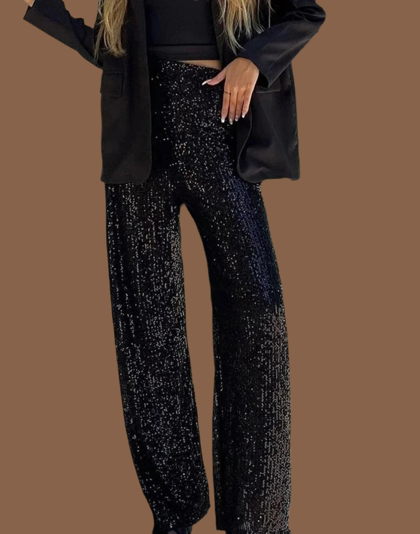 Femme Sequin Wide Leg Pants with Elastic Waist, 3 Colors, 4 Sizes