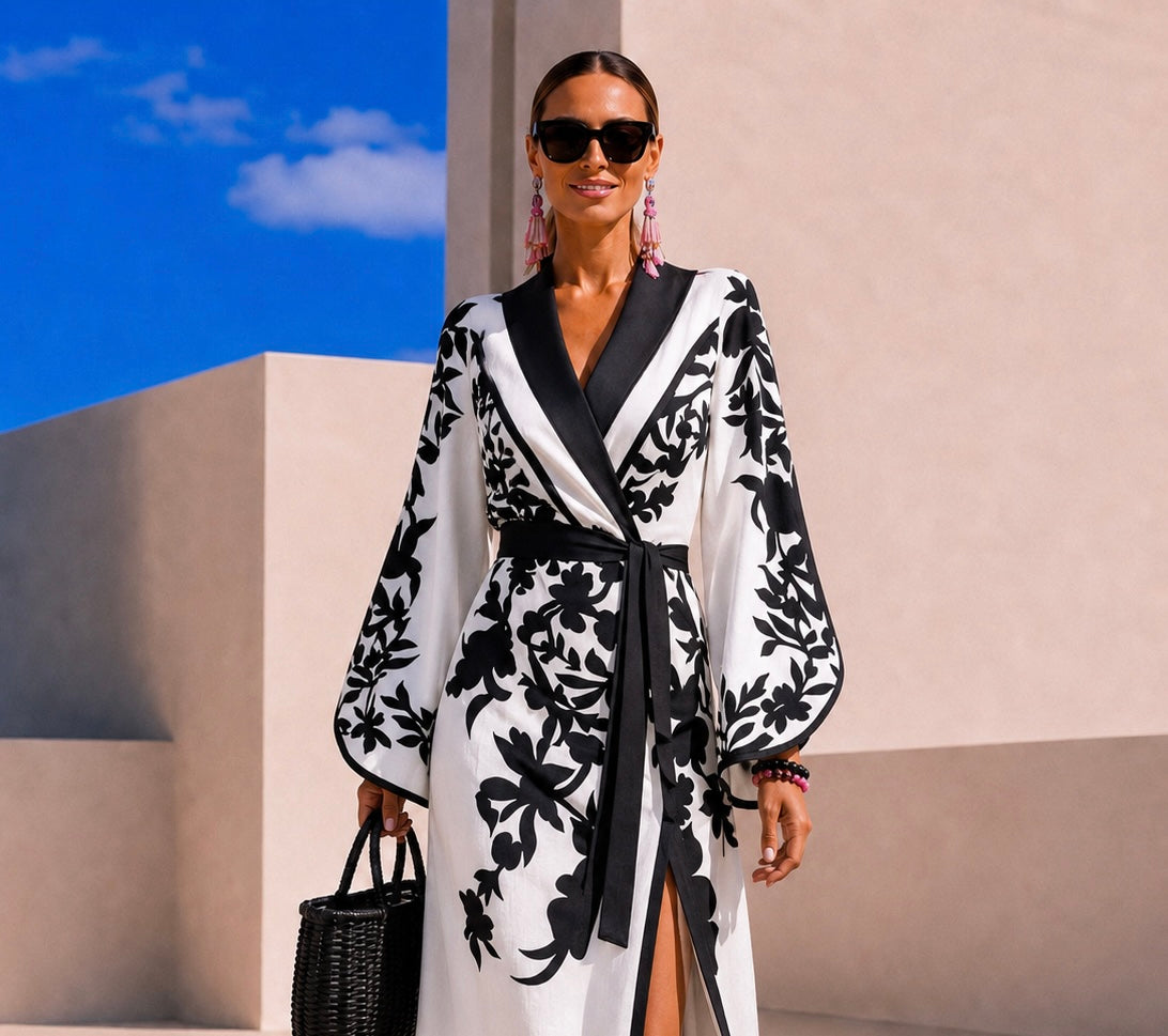 Michelle printed crepe chiffon dress with long sash, sizes (36-48) video