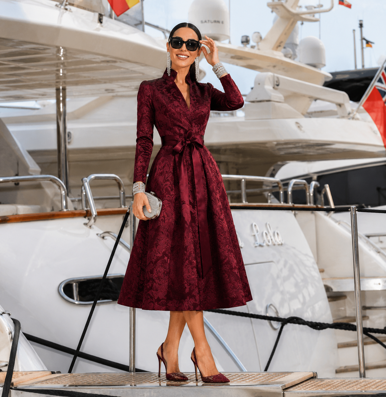 Billion Jacquard Luxury Wrap Midi Dress with Sash, 3 colors, sizes (36-48) video