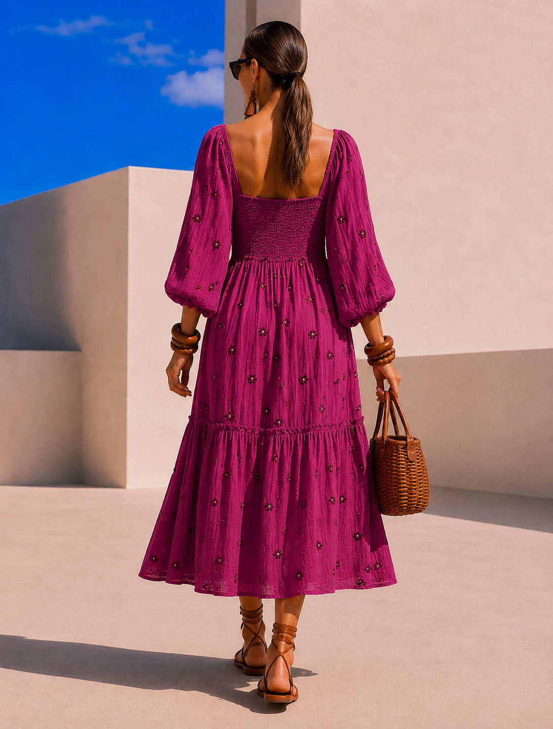 Vestido Susana bordado algodón licra strech nido de abeja, 4 colores, tallas (34-46)