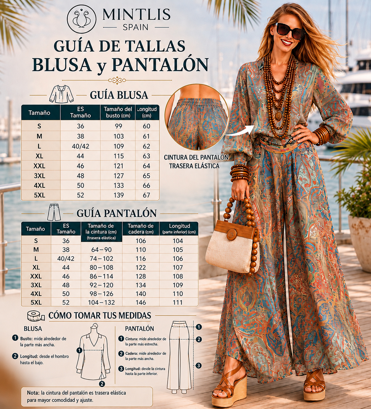 Conjunto Halima estampado 2 piezas blusa y pantalón de gasa viscosa cintura trasera elástica , tallas (34-52) vídeo