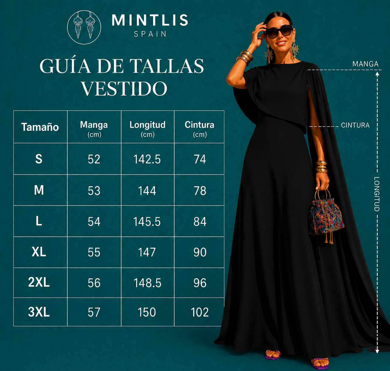 Vestido Emily largo capa movible, 3 colores, tallas (36-48) vídeo