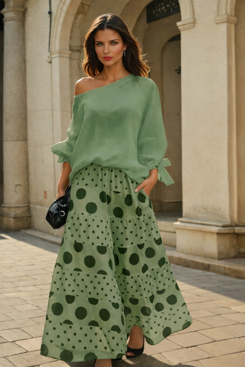 Conjunto Feria lunares 2 piezas top y falda pantalón elástico, 3 estampados, tallas (36-50)