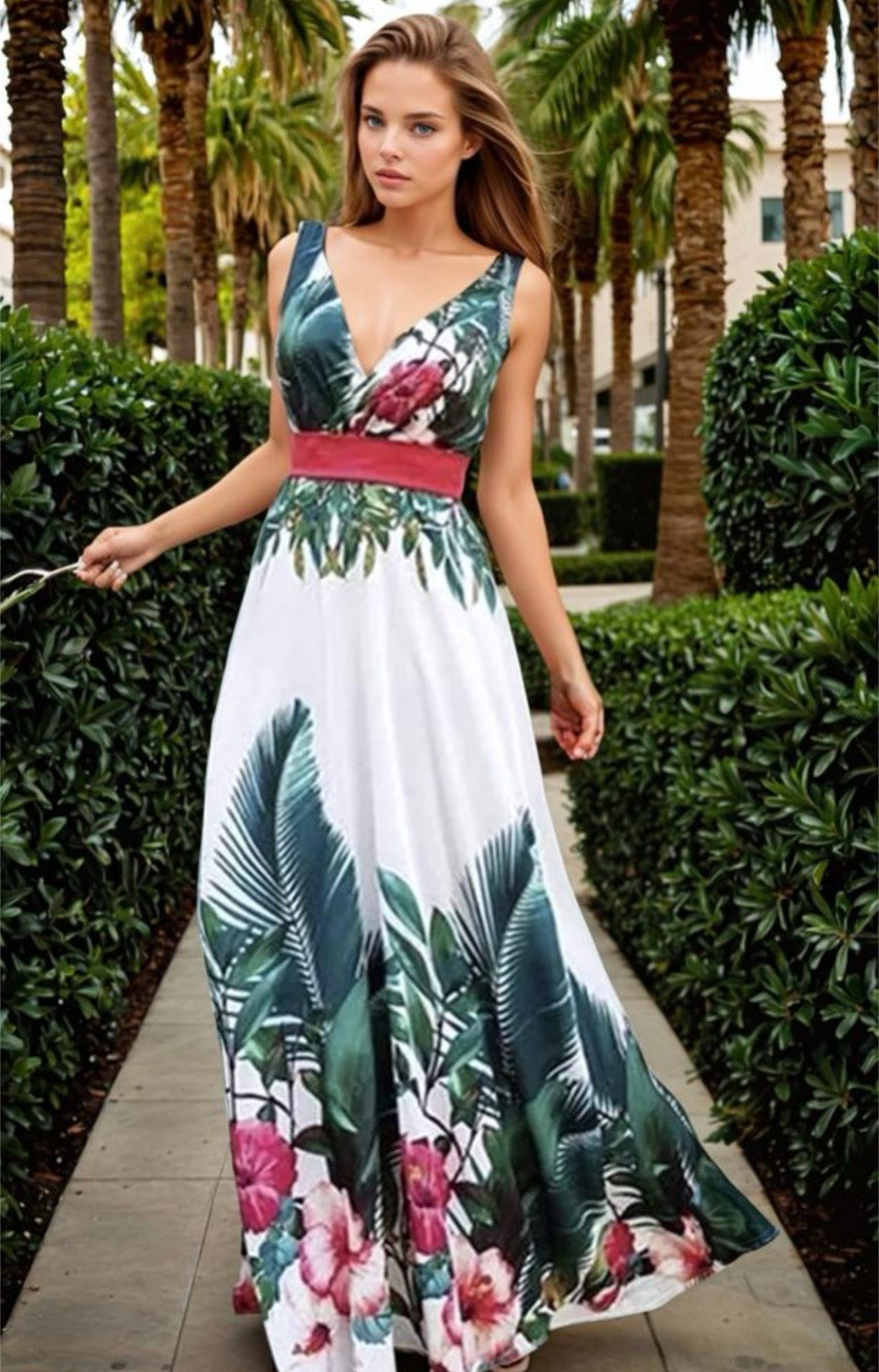 ANNALISA printed dress with sash, sizes (36-42), free shipping 48/72hrs