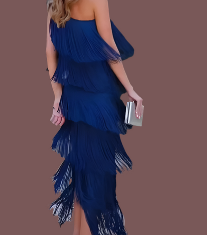 Klein blue Mykonos dress with asymmetric fringes, 6 sizes from 36 to 46